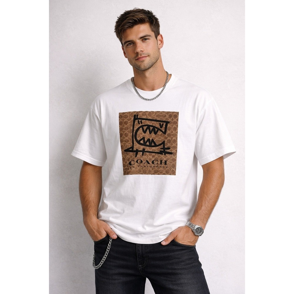 Coach x Guang Yu Mens XL White Rexy Graffiti Signature Graphic T-Shirt